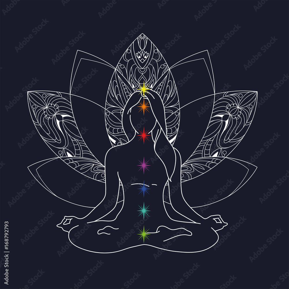 Woman ornate silhouette sitting in lotus pose and Sacred Geometry. Ayurveda  symbol of harmony and balance. Tattoo design, yoga logo. poster, t-shirt  textile. Anti stress book. | Stock vector | Colourbox