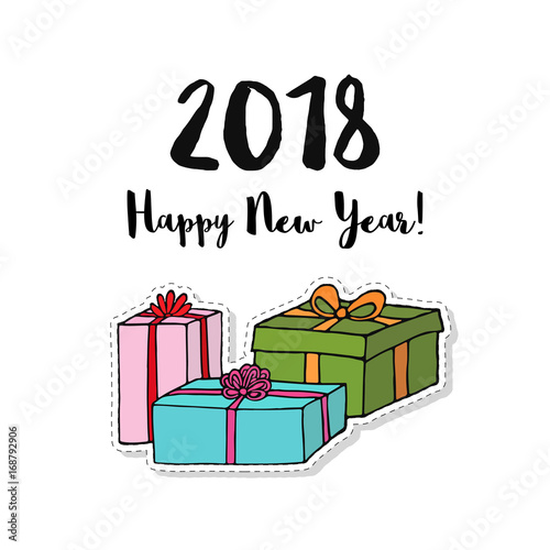 Christmas present box cartoon vector illustration. Sticker for New Year design.