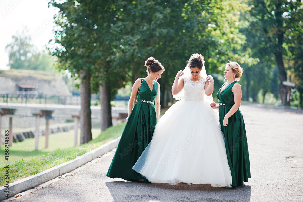 Fabulous bride walking, posing and having fun with her bridesmaids in the downtown on a wedding day.