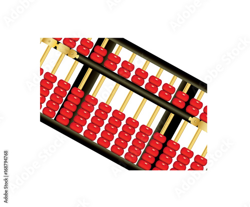 Antique Chinese abacus with red beads on white background 