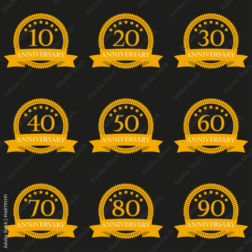 Anniversary icon set. Emblems and stamps with ribbon. 10,20,30,40,50,60,70,80,90 years design elements. Vector illustration.