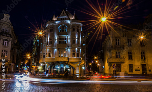 Night Lviv cityscape with long exposure in Ukraine