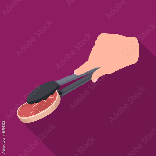 Tongs with raw steak. Eating and cooking single icon in flat style vector symbol stock illustration web.
