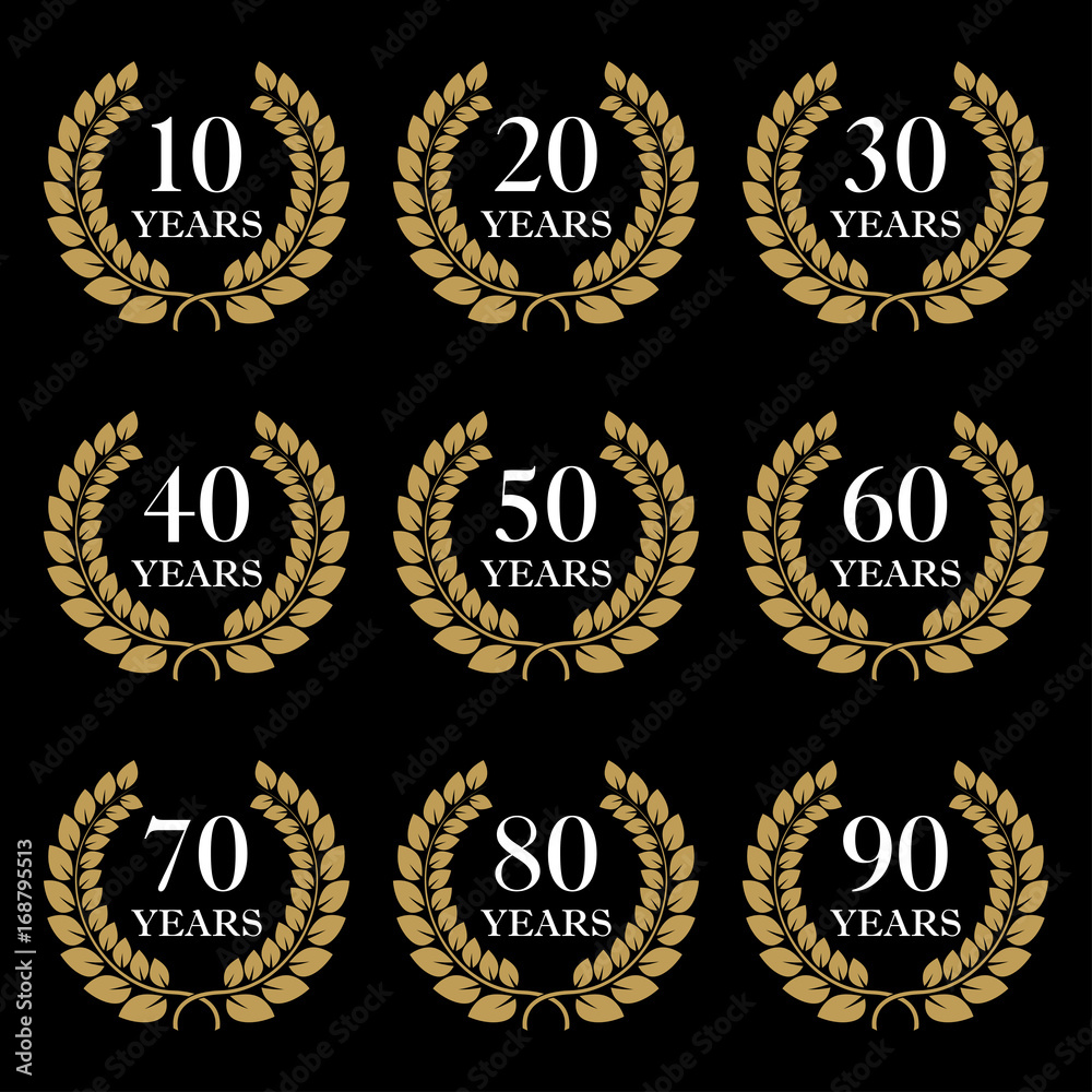 Anniversary icon set. 10,20,30,40,50,60,70,80,90 years design elements with laurel wreath symbol. Vector illustration.