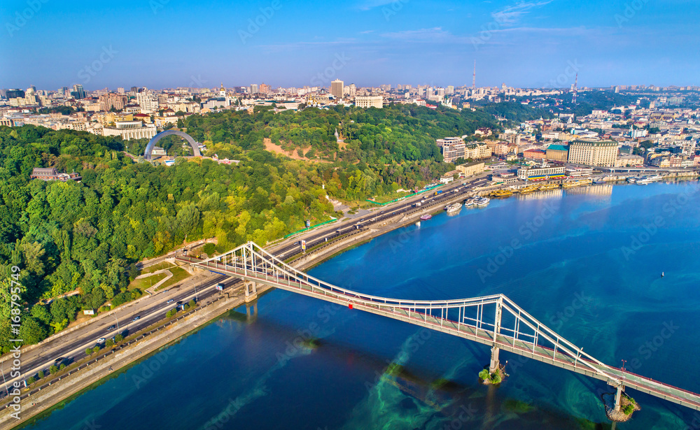 Aerial view of the Dnieper with the Pedestrian Bridge in Kiev, Ukraine