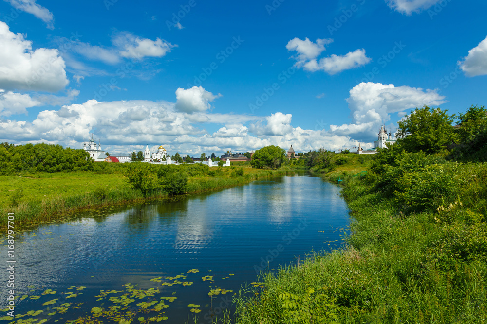 Nature of Central Russia. Three monasteries of Suzdal and the river Kamenka. From left to right: Pokrovsky monastery, Spaso-evfimiev monastery and the convent of St. Alexander. Nature of Central Russia. Three monasteries of Suzdal and the river Kamenka. From left to right: Pokrovsky monastery, Spaso-evfimiev monastery and the convent of St. Alexander.