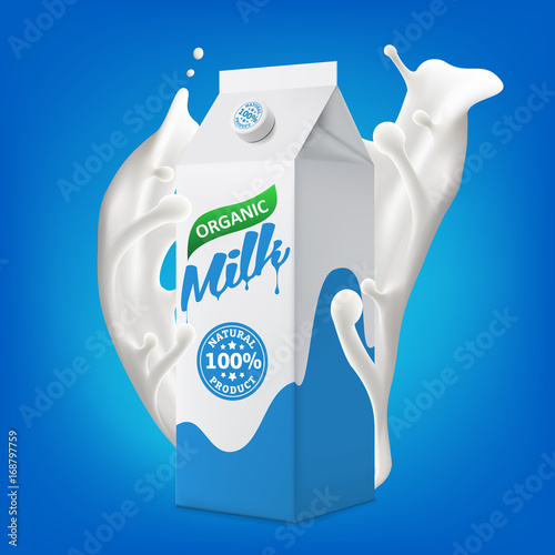 Milk packaging carton in splashing milk 3d vector icon illustration