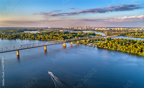 Aerial panorama of the Dnieper with the Petrovsky Railway Bridge in Kiev, Ukraine