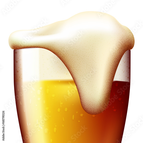 Top of full glass of fresh ale beer. High quality vector illustration of frothy lager beer with foam and barley ears. Ready for your design.