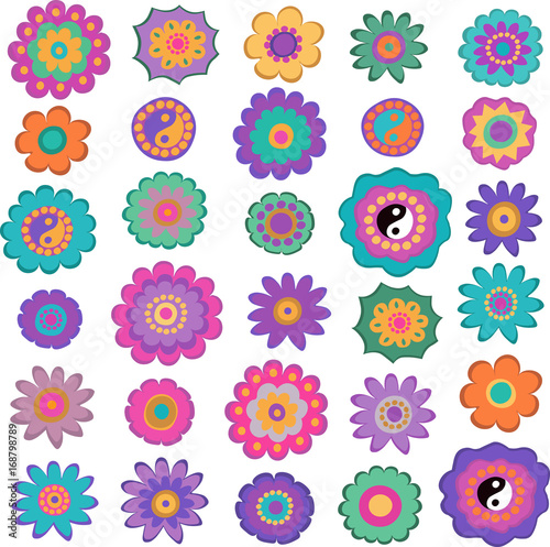 Set of colorful hippie flowers