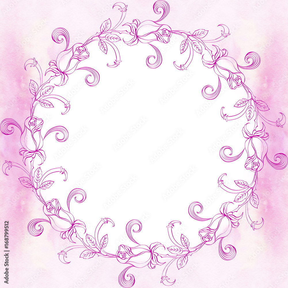 Wreath of roses - decorative composition on a watercolor background.  Use printed materials, signs, items, websites, maps, posters, postcards, packaging.