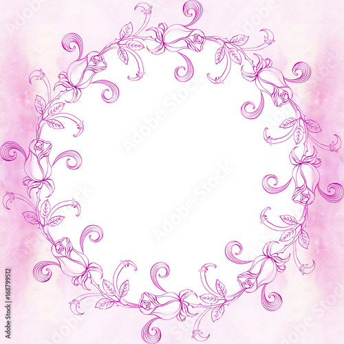 Wreath of roses - decorative composition on a watercolor background.  Use printed materials  signs  items  websites  maps  posters  postcards  packaging.