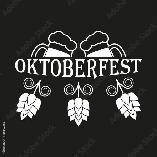 Oktoberfest label or emblem. Beer festival symbol with beer mugs and hops. Vector illustration.