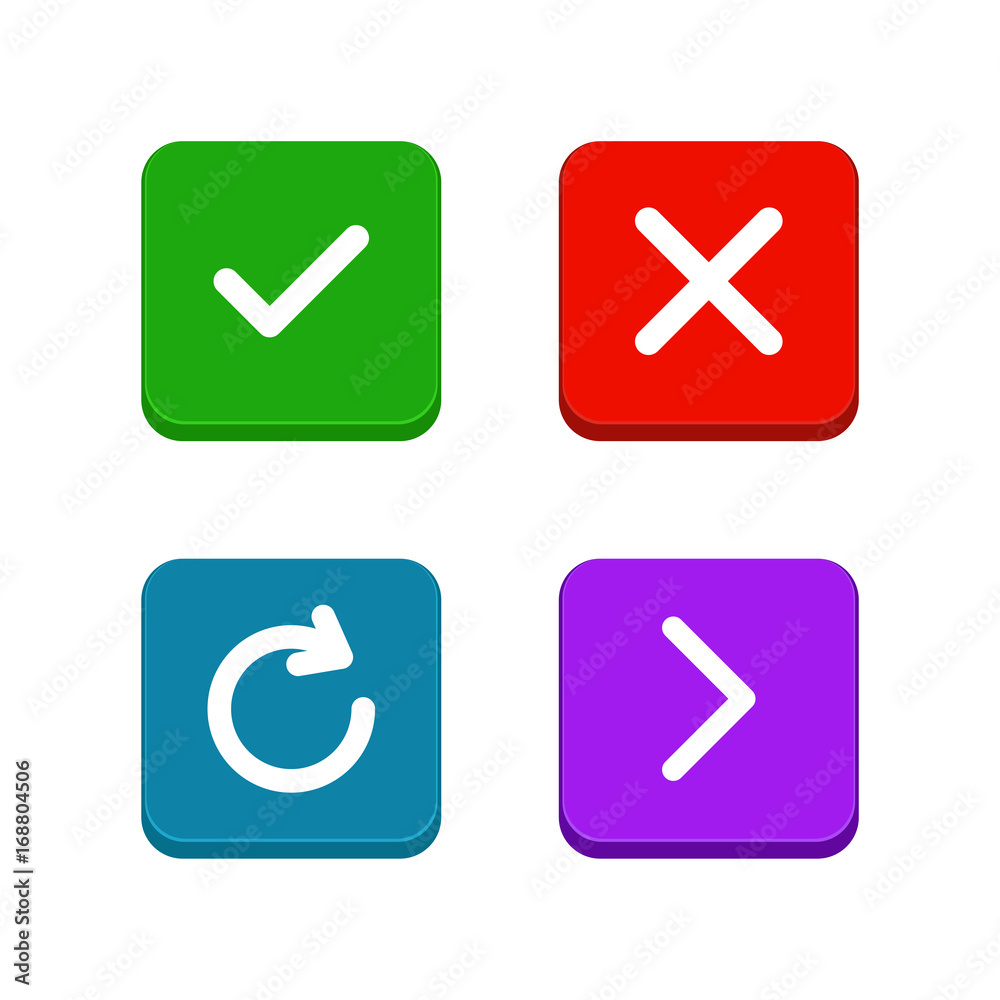 Check, delete or close, refresh, arrow icons set in flat and line style. Set of buttons for website or application design Check, delete or close, refresh, arrow icons set in flat and line style. Set of buttons for website or application design
