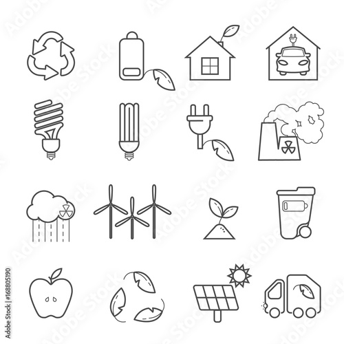 Eco icons vector set. Thin line ecological signs for infographic, website or app. Powersave lamp, nuclear plant, wind energy, elecrtic car, low energy house and over ecology symbol.