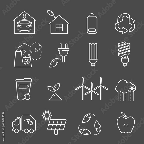 Eco icons vector set. Thin line ecological signs for infographic, website or app. Powersave lamp, nuclear plant, wind energy, elecrtic car, low energy house and over ecology symbol.