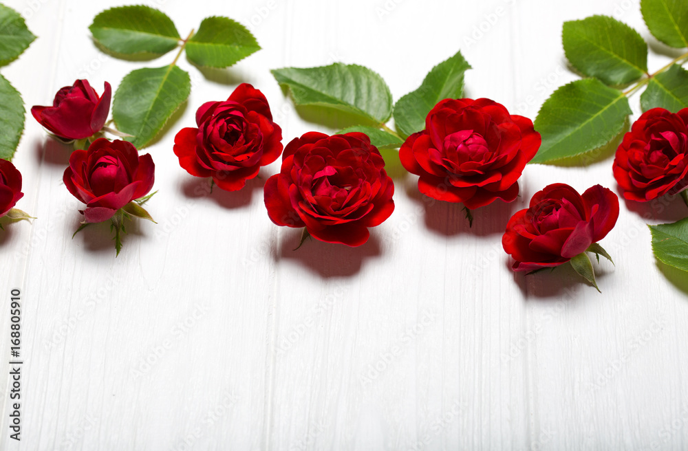 Red roses. Beautiful flowers on a white deoevian table. Empty space for text Red roses. Beautiful flowers on a white deoevian table. Empty space for text
