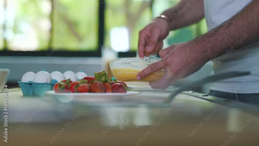 The man is cooking a breakfast. The man is cooking a breakfast.