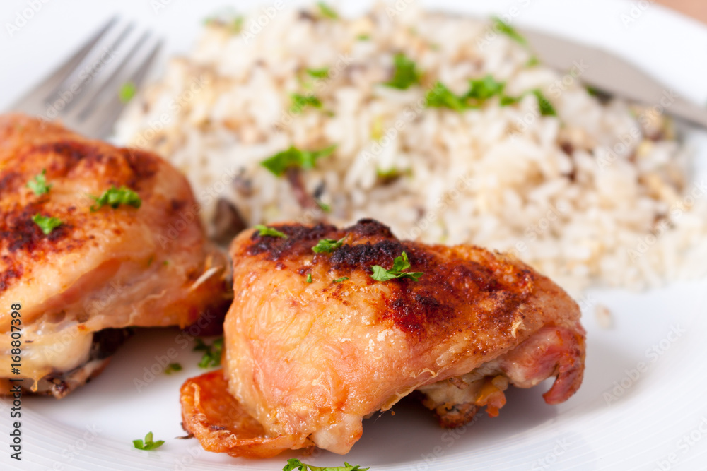 Roast chicken thighs and rice