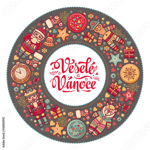 Vesele Vanoce. Xmas card on Czech language. Warm wishes for happy holidays