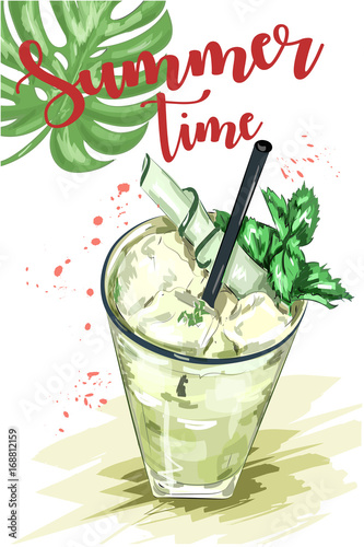 Cute hand drawn set with glass of mojito cocktail and green leaf. Summer time. Sketch. Vector illustration.
