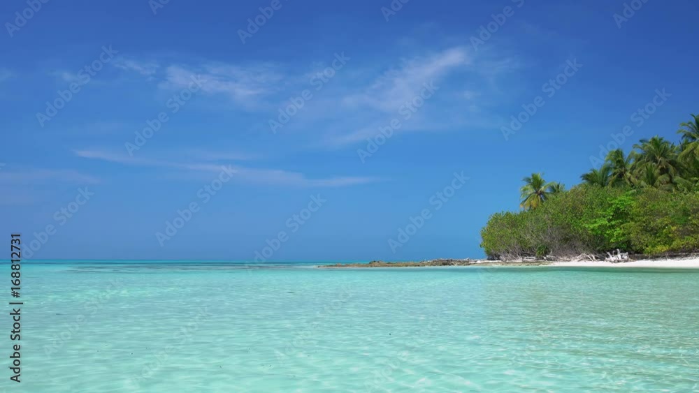 Tropical island at maldivian atoll in Indian Ocean. Wild and uninhabited coast with palm trees. Travel destinations Tropical island at maldivian atoll in Indian Ocean. Wild and uninhabited coast with palm trees. Travel destinations