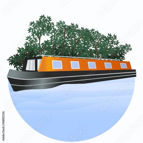 Three-Quarter Oblique View Narrow Boat on Wavy Blue Water in Circle Frame Vector Illustration with Bush Tree for Transportation or Recreation of United Kingdom or Europe Related Design
