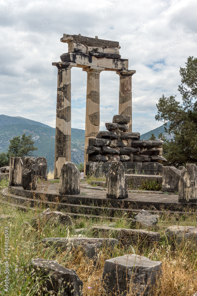 Amazing view of Ruins and Athena Pronaia Sanctuary at Ancient Greek archaeological site of Delphi, Central Greece