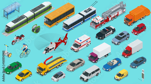 Flat 3d isometric city transport icon set. Taxi, Ambulance, trolleybus, Police, safari travel, Bicycle, Mini, Subway train, Fire-truck, cargo-truck, bus, Electric car, scooter, Sedan