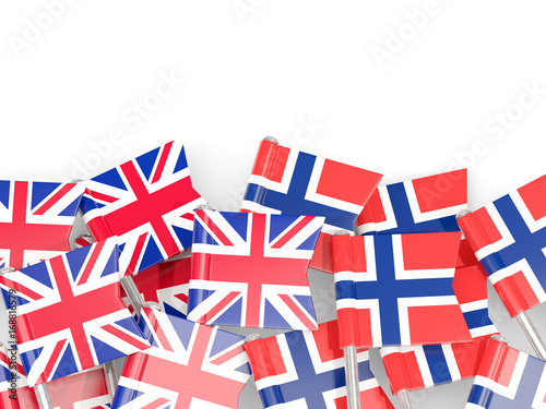 Flag pins of United Kingdom and Norway isolated on white