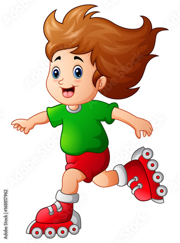 Cartoon girl playing roller skates