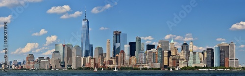 The skyline of downtown New York City and the Financial District from New York Harbor.