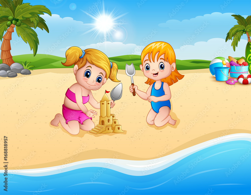 Two girl making sand castle with shovel