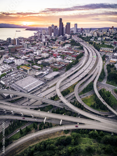 Aerial View of Seattle, Washington with Vibrant Afterglow Colors