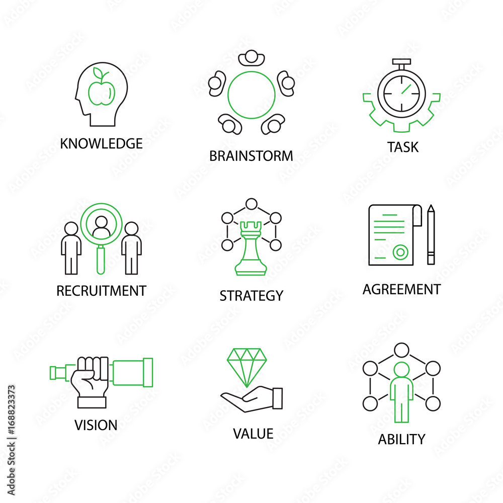 Modern Flat thin line Icon Set in Concept of Business and Management with word task,vision,knowledge,recruitment,ability,value,brainstorm,agreement,strategy. Editable Stroke.