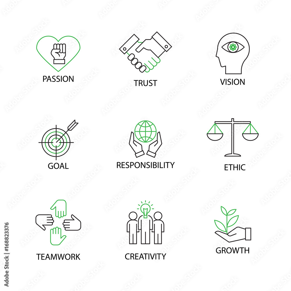 Modern Flat thin line Icon Set in Concept of Business Core Values with word Passion,Trust,Vision,Goal,Responsibility,Ethics,Teamwork,Creativity,Growth.Editable Stroke.