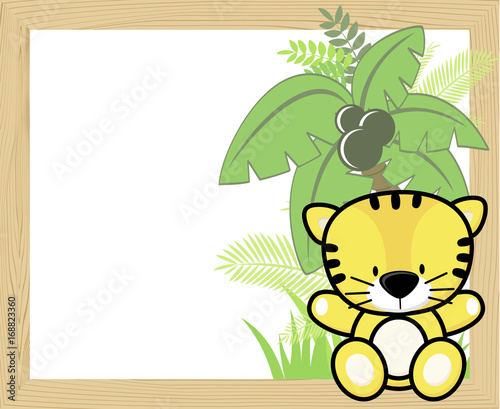 Fototapeta Naklejka Na Ścianę i Meble -  cute baby tiger with tropical leaves and palm tree on empty wood frame for copy space, ideal for nursery art decoration or scrapbooking projects