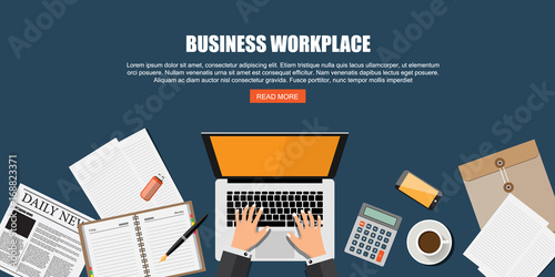 Top view of Office Desk, Business Workplace Concept