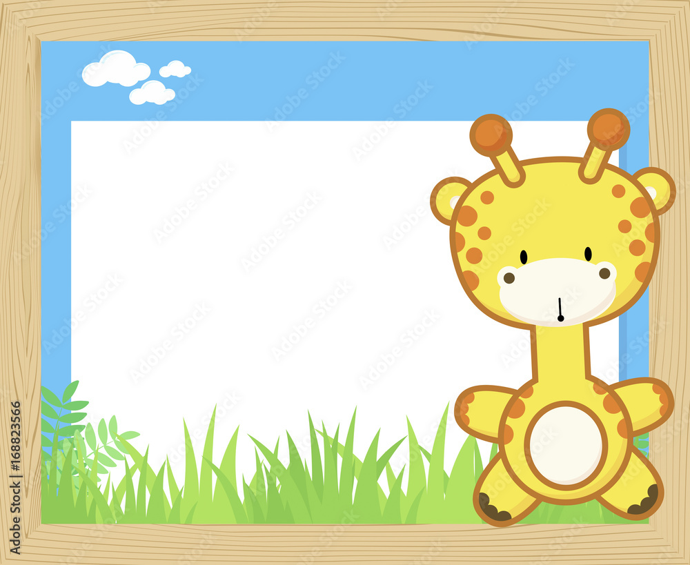 Naklejka premium wood frame with cute baby giraffe and blank board for copy space, design for children