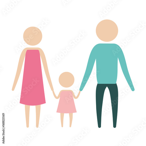 color silhouette pictogram parents with a little girl holding hands in clothes vector illustration