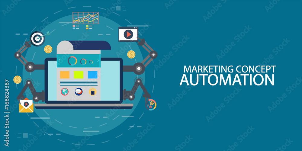 Marketing concept of automated marketing, digital marketing automation flat vector illustration with email, search and chat icons