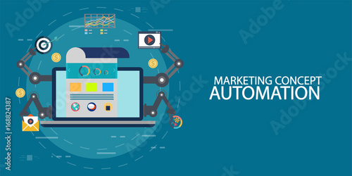 Marketing concept of automated marketing, digital marketing automation flat vector illustration with email, search and chat icons