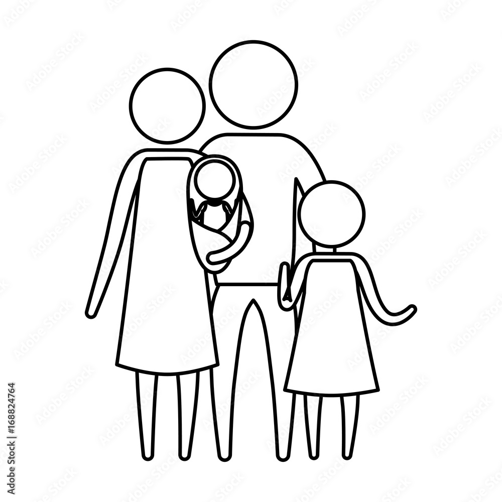 sketch silhouette of pictogram parents with a baby and little girl in clothes vector illustration