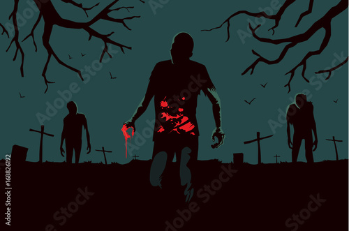 Zombie with blood splatter shirt on the grave background. Illustration about Halloween concept.