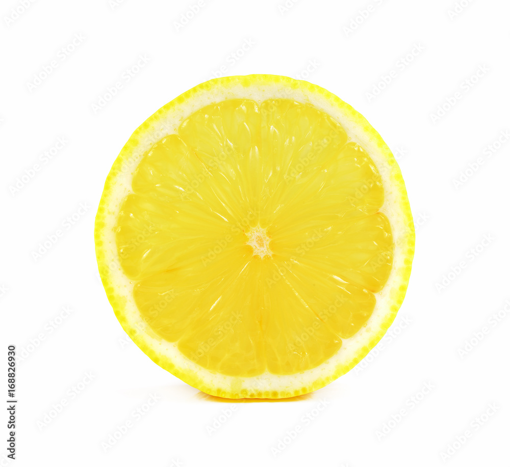 Juicy yellow slice of lemon on white background, clipping path Juicy yellow slice of lemon on white background, clipping path