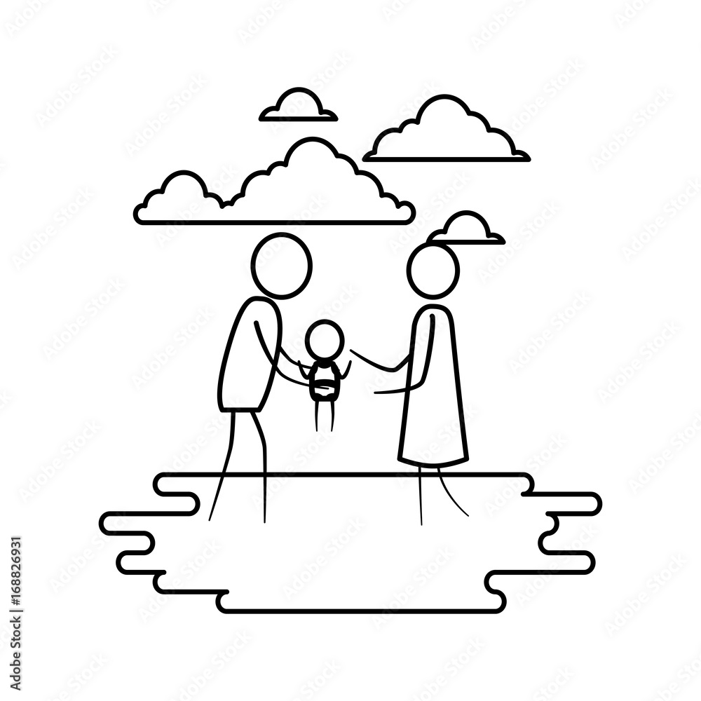 sketch contour of sky landscape and grass with pictogram man carrying a baby and woman sketch contour of sky landscape and grass with pictogram man carrying a baby and woman