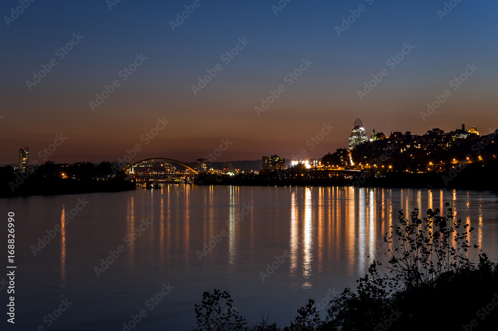 Ohio River & Cincinnati, Ohio Skyline at Sunset / Blue Hour