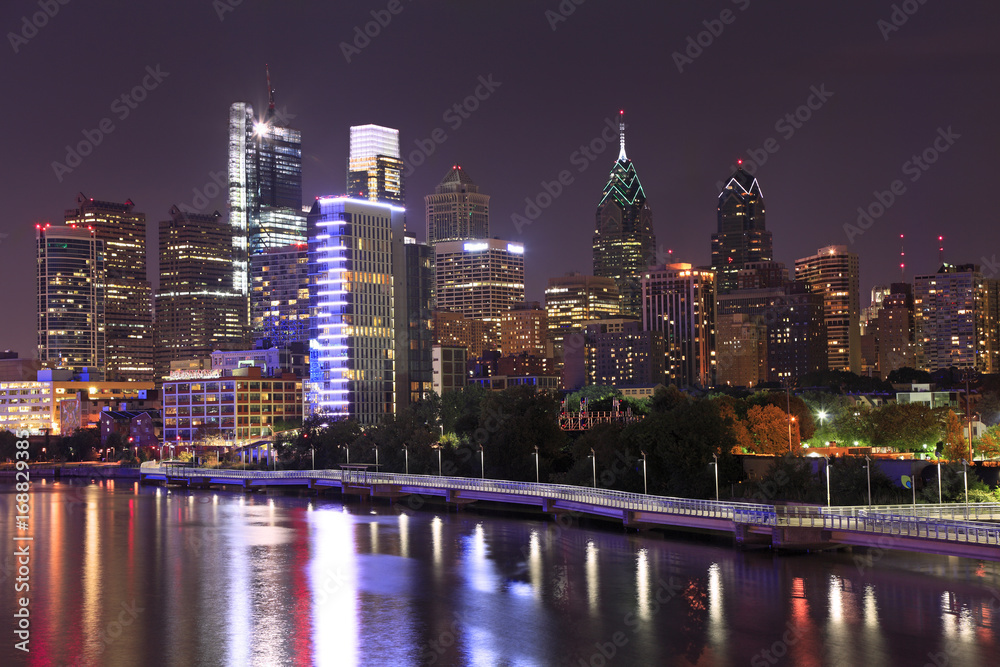 Philadelphia skyline illuminated at night, USA