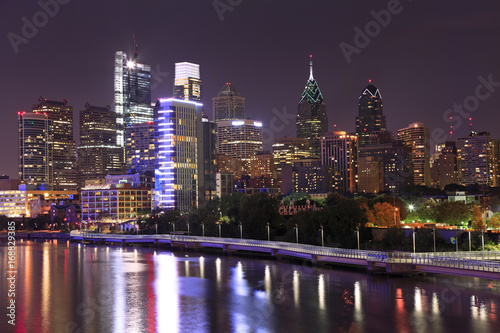 Philadelphia skyline illuminated at night, USA