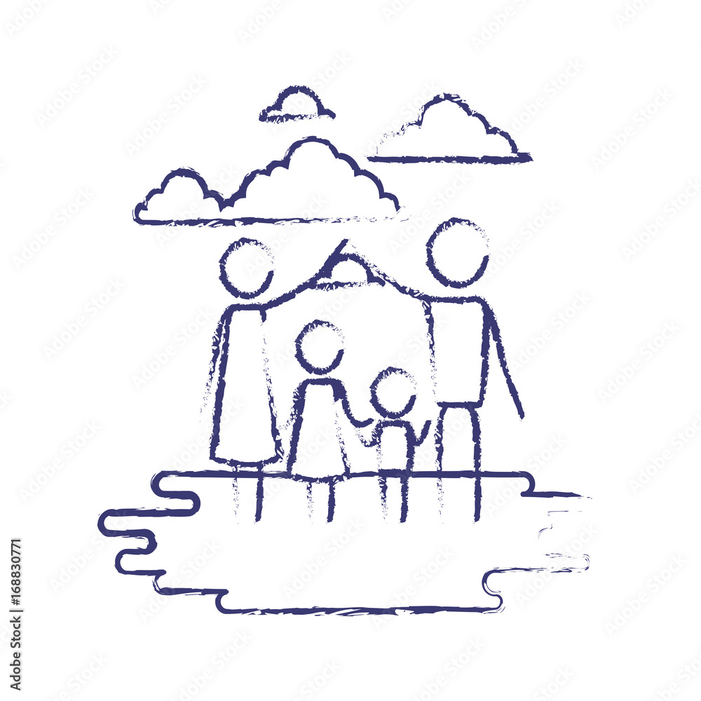 blurred blue contour of sky landscape and grass with pictogram parents holding hands of children vector illustration blurred blue contour of sky landscape and grass with pictogram parents holding hands of children vector illustration